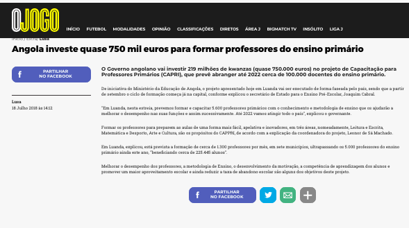 Angola investe quase 750 mil euros para formar professores do ensino primário