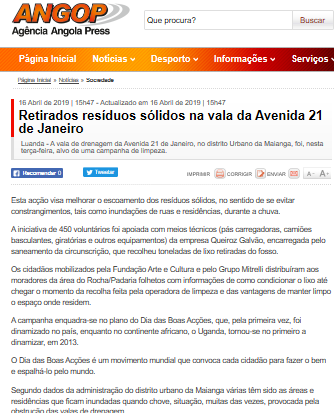 Retirados Resíduos Sólidos na Vala da Avenida 21 de Janeiro- ANGOP