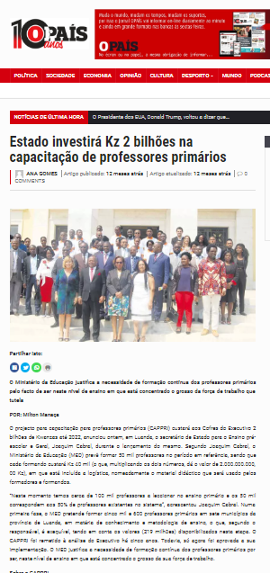 Estado Investe 2 Bilhões de Kwanzas na Capacitação de Professores Primários - O País