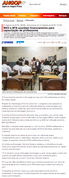 MED e BFA Acordam Financiamento Para Capacitação de Professores - Angop