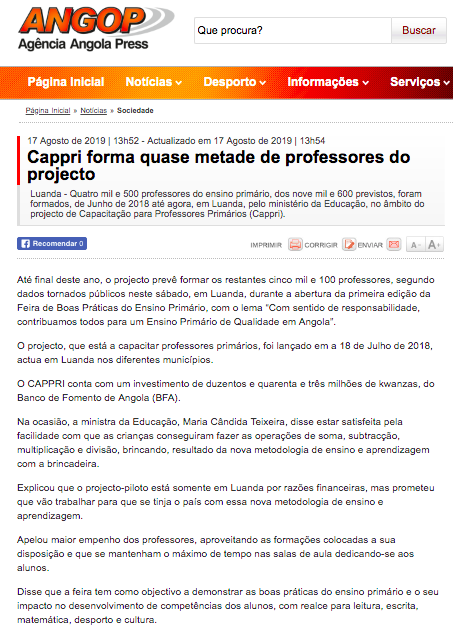 Cappri Forma Quase Metade de Professores do Projecto - Angop