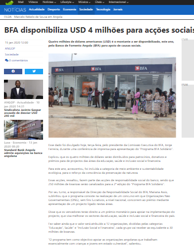 BFA Disponibiliza USD 4 Milhões para Acções Sociais - Sapo Notícias