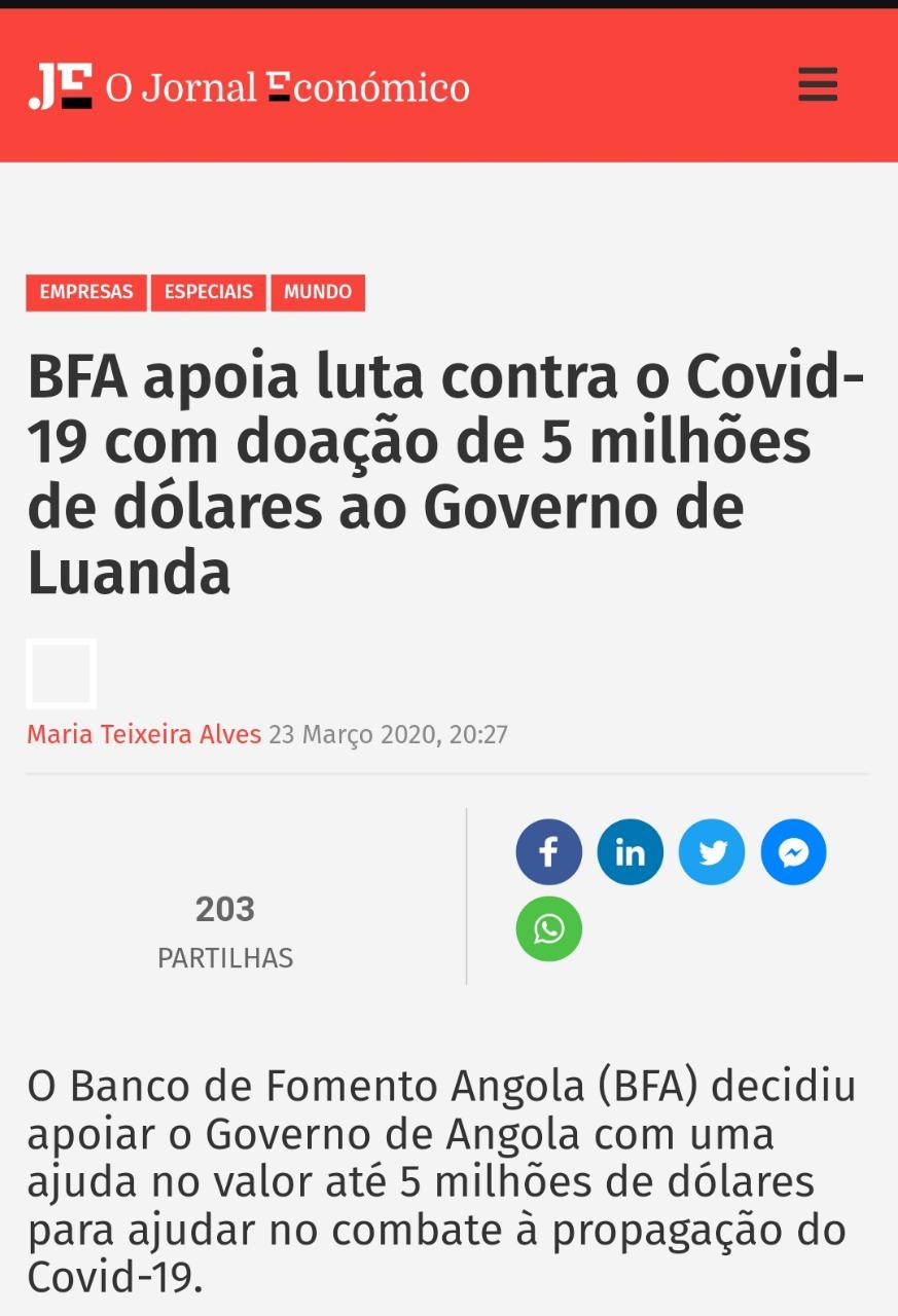 BFA apoia luta contra o Covid-19 com doação de 5 milhões de dólares ao Governo de Luanda - Jornal Económico