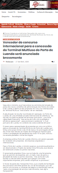 Vencedor do Concurso Internacional para a Concessão do Terminal Multiuso do Porto de Luanda Será Anunciado Brevemente - MUKANDA