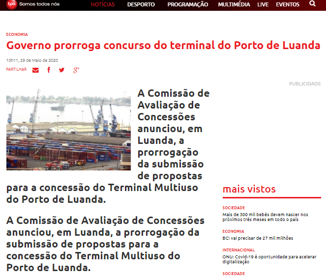 Governo Prorroga Concurso do Terminal do Porto de Luanda - TPA