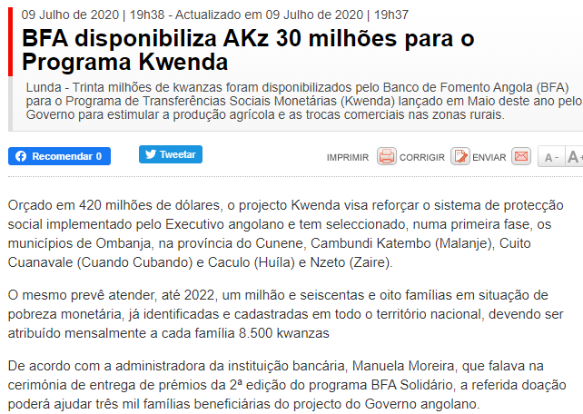 BFA disponibiliza AKz 30 milhões para o Programa Kwenda - ANGOP