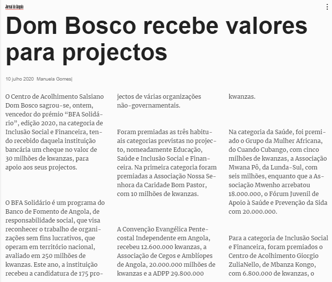 Dom Bosco recebe valores para projectos - Jornal de Angola